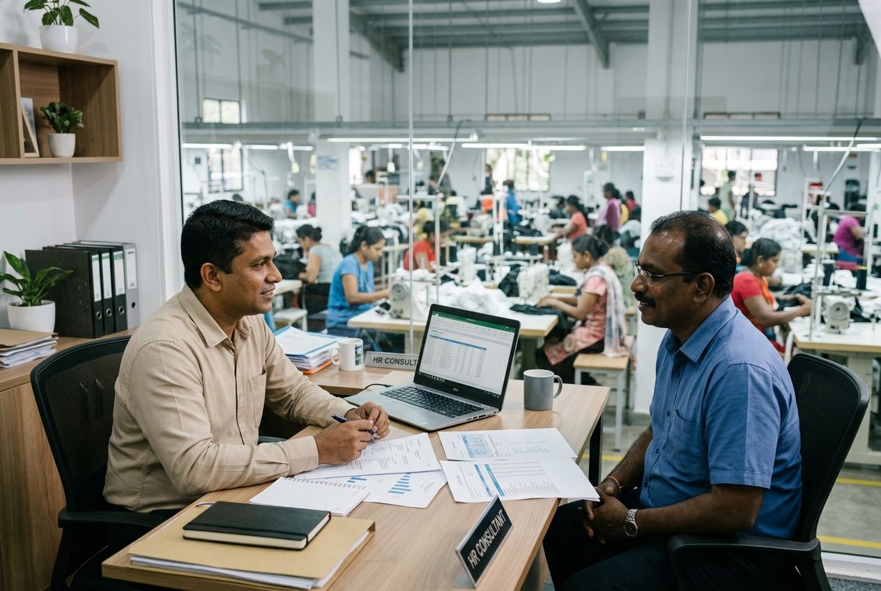 An HR consultant and a factory manager in conversation, the production floor behind them