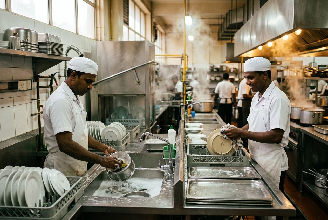 Stewards at work in a hotel kitchen's washing section