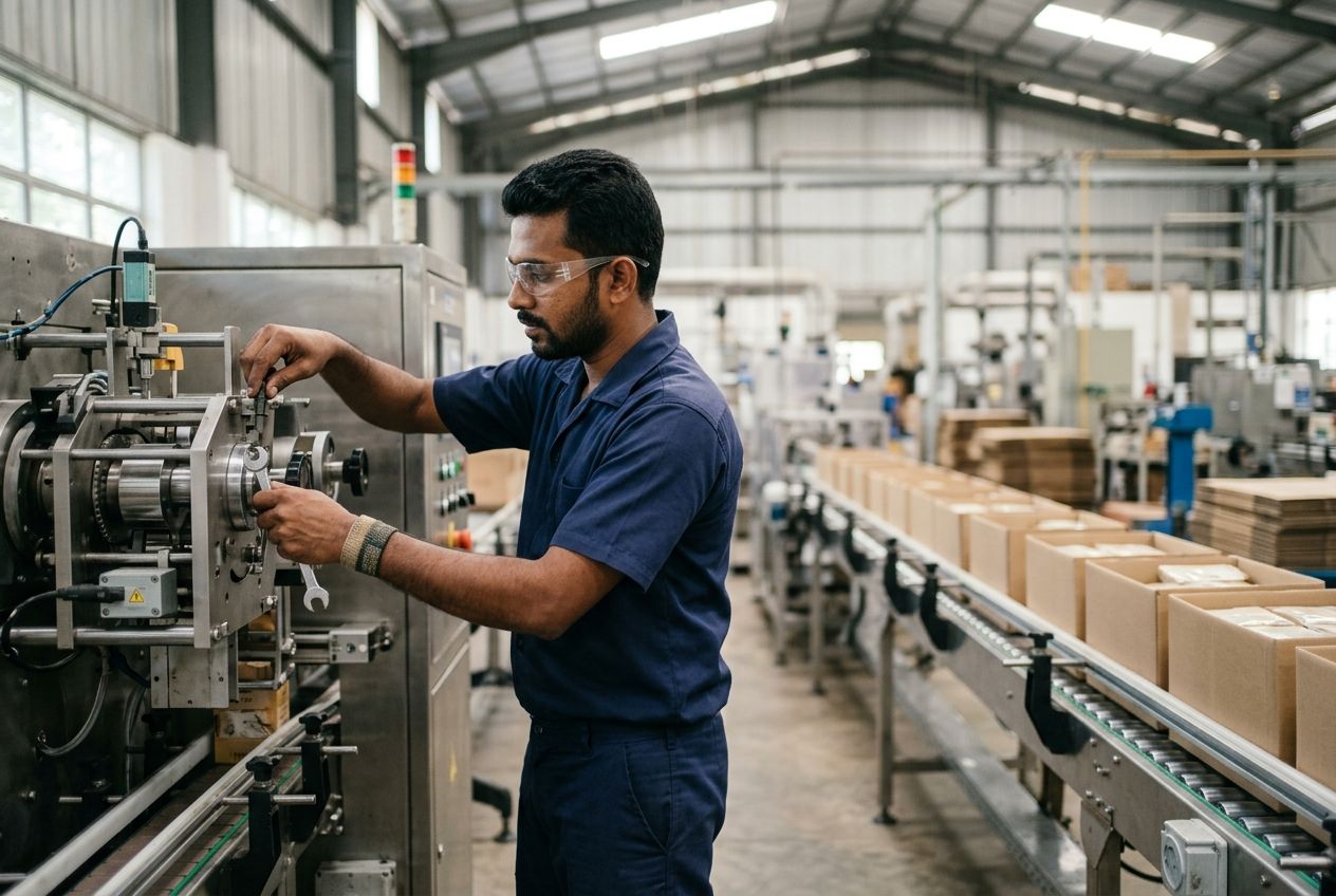 A machine operator adjusting a packaging machine